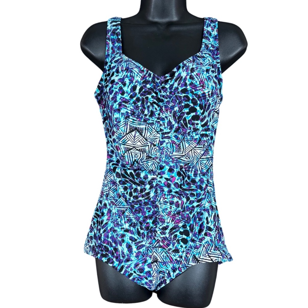 Maxine of Hollywood Ruched One Piece Swimsuit Blue Purple Size 12